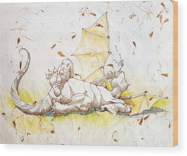Watercolor Wood Print featuring the drawing Petal Playing Dragon by Merana Cadorette