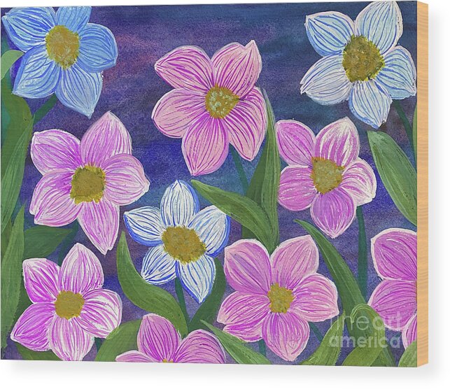 Pink Wood Print featuring the mixed media Pink and Blue Flowers by Lisa Neuman