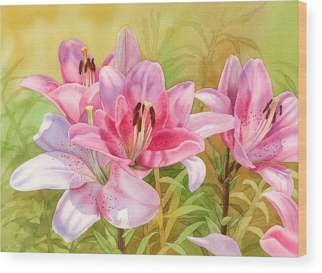 Pink Wood Print featuring the painting Pink Lilies by Espero Art