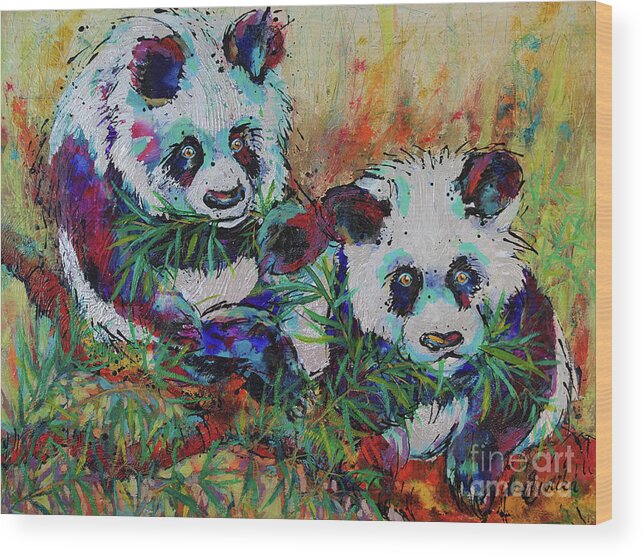 Pandas Wood Print featuring the painting Playful Giant Pandas by Jyotika Shroff