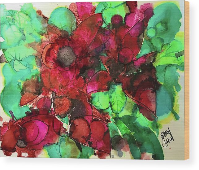 Pointsetta Wood Print featuring the painting Poinsetta Abstract in Alcohol Ink by Eileen Backman
