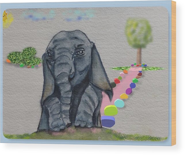 The Playroom Wood Print featuring the painting Pouting Elephant by Kelly Mills