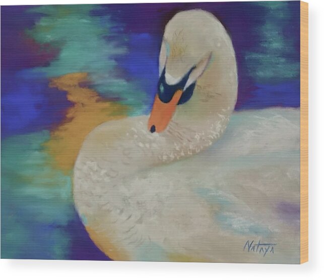 Swan Wood Print featuring the pastel Preening Swan by Nataya Crow