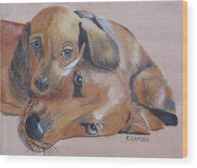 Pets Wood Print featuring the painting Puppies Cuddling by Kathie Camara