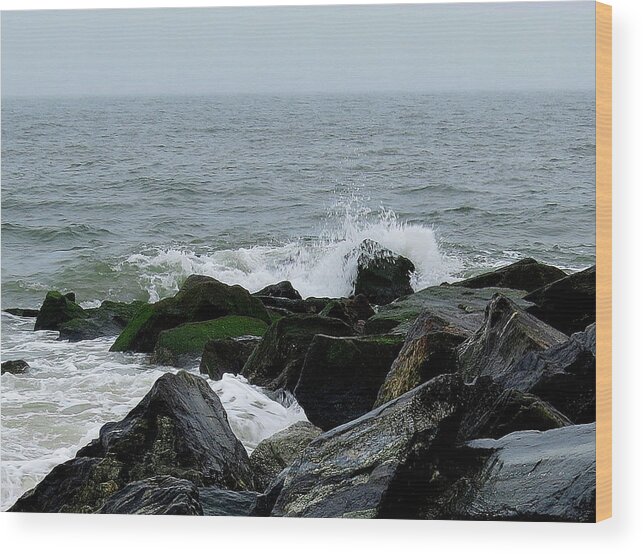 Waves Wood Print featuring the photograph Rocky Shores of the Atlantic Ocean in Cape May New Jersey by Linda Stern