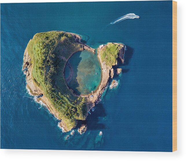 Scenics Wood Print featuring the photograph San Miguel island, Azores, Portugal. Top view of Islet of Vila Franca do Campo. Azores aerial panoramic view. Crater of an old underwater volcano. Bird eye view. by ARoxo