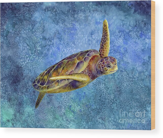 Underwater Wood Print featuring the painting Sea Turtle 2 on Blue by Hailey E Herrera