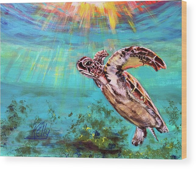 Sea Turtle Wood Print featuring the painting Sea Turtle Catching Some Rays by Kelly Smith