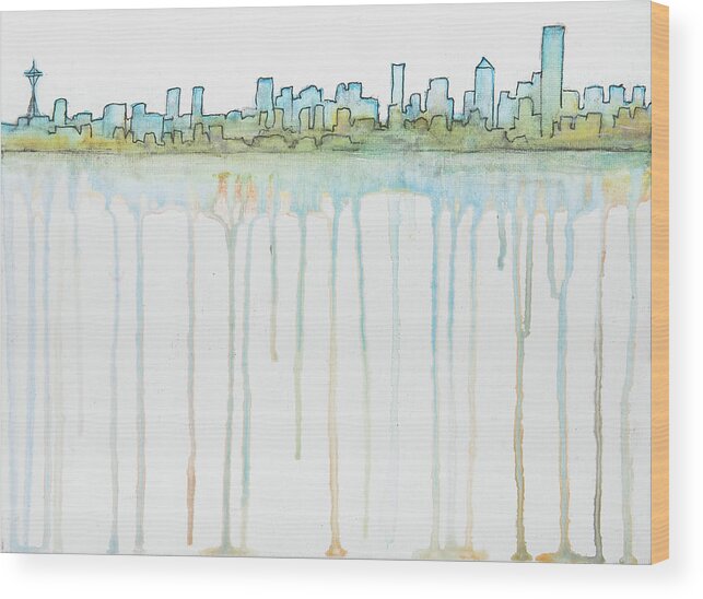 Seattle Wood Print featuring the painting Seattle Skyline Water View by Jani Freimann