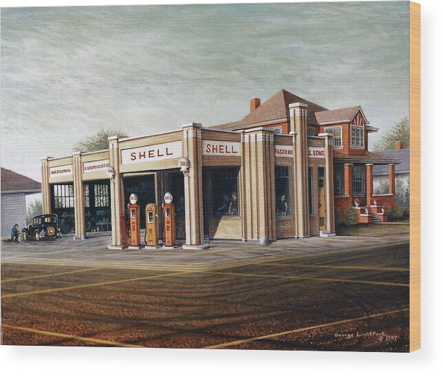 Architectural Landscape Wood Print featuring the painting Shell Gas Station by George Lightfoot