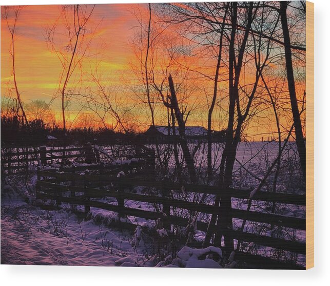 Snow Wood Print featuring the photograph Snowy Farm Sunset by Ally White