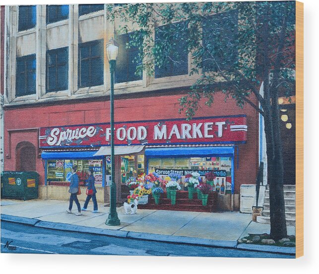 Philadelphia Wood Print featuring the painting Spruce Street Food Market, Philadelphia, October by Alex Vishnevsky