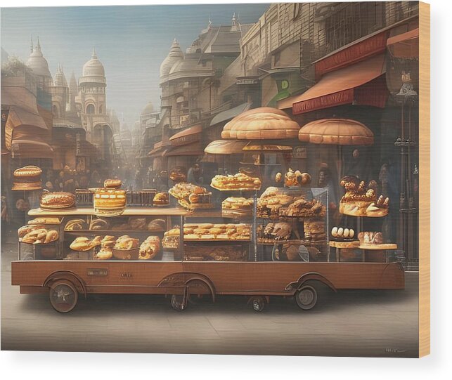 Digital Bread Pastry Cart Vendor Wood Print featuring the digital art Street Pastry Cart by Beverly Read