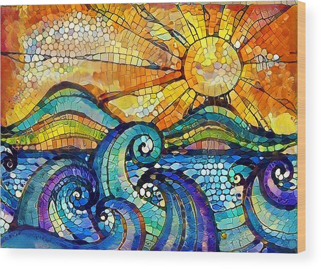 Cbs News Sunday Morning Image Sun Art With Waves Wood Print featuring the mixed media Sun With Waves Digital Painting by Sandi OReilly