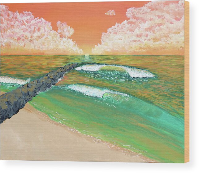 Sunrise Wood Print featuring the painting Sunrise at the Jetty by Jenn C Lindquist