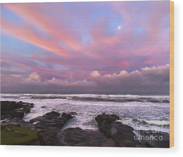 Oregon Coast Wood Print featuring the photograph Sunrise, Moonset by Jeanette French