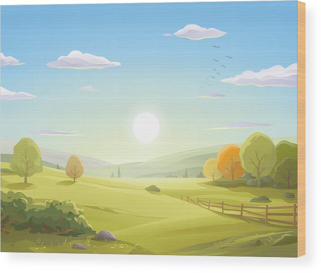 Scenics Wood Print featuring the drawing Sunrise Over Autumn Landscape by Kbeis