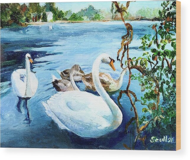 Swans Wood Print featuring the painting Swans on Burnt Mill Pond by Judith Scull