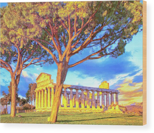 Roman Wood Print featuring the painting Temple of Athena - Campania Italy by Dominic Piperata