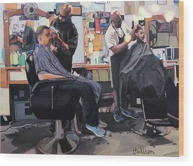A Trip In The City Wood Print featuring the painting The Barber Shop by David Buttram