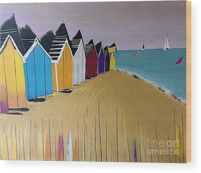 Boat Wood Print featuring the painting the beach cabins 4 Painting boat sail beach sailing summer Art collectors interior design holidays emerging artist Artwork investment french artist artistic background beach blue boat bright by N Akkash