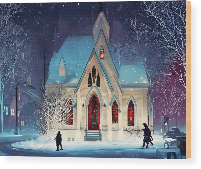 Digital Snow Winter Church Wood Print featuring the digital art The Community Church by Beverly Read