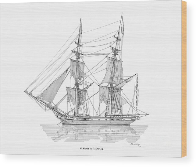 Historic Vessels Wood Print featuring the drawing The Corvette Leonidas - 1810 by Panagiotis Mastrantonis