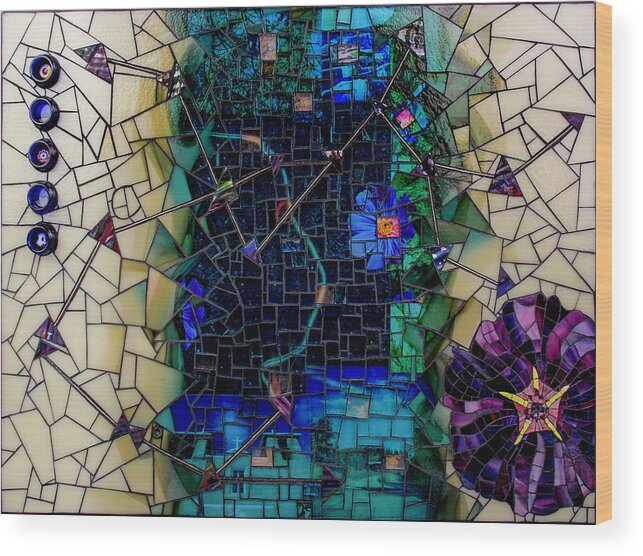 Mosaic Wood Print featuring the glass art The Earthships have Landed by Cherie Bosela