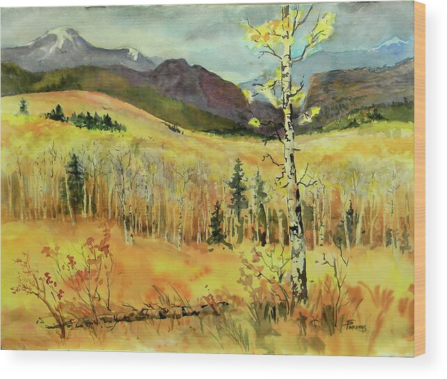 Watercolor Wood Print featuring the painting The Molten Golden Hills by Sheila Parsons