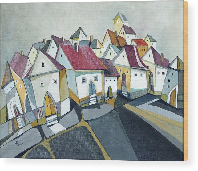 Semi-abstract Painting Wood Print featuring the painting The placid town by Aniko Hencz