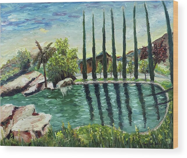 Gershon Bachus Vintners Wood Print featuring the painting The Pond at Gershon Bachus Vintners Temecula by Roxy Rich
