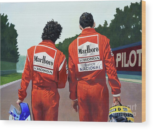 Ayrton Senna Wood Print featuring the painting The Professor and The Magician by Oleg Konin