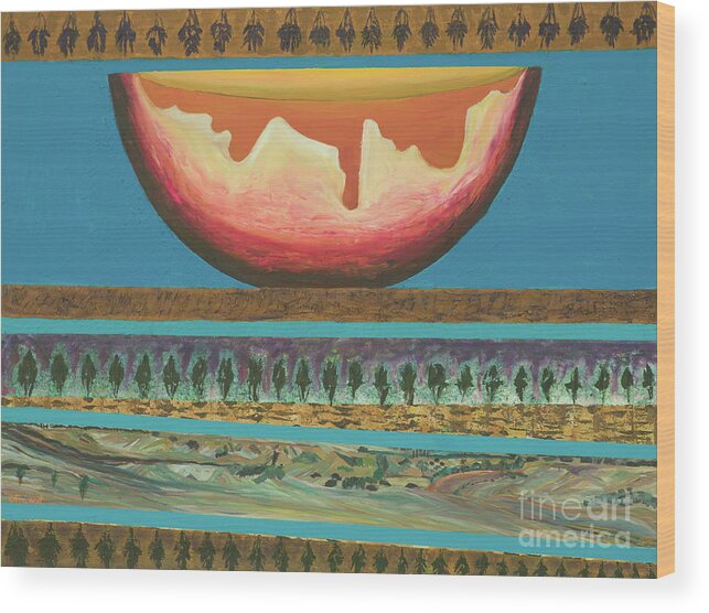 Popular Photo Wood Print featuring the painting The sun divided between heaven and earth by Ofra Wolf