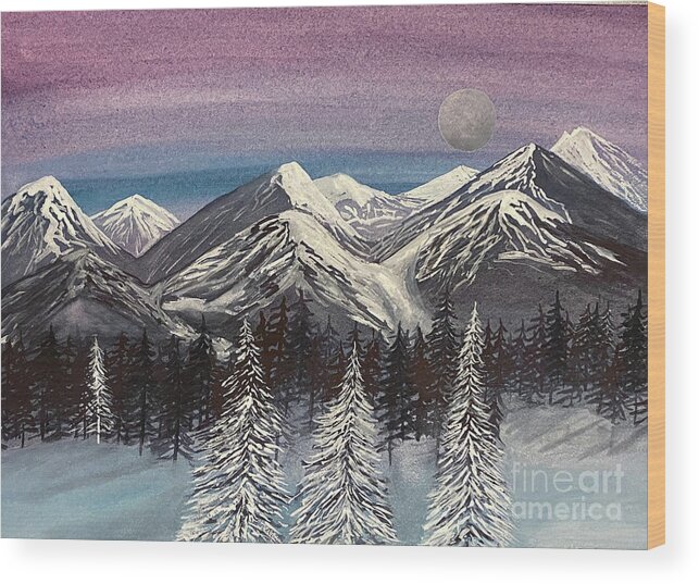 Snowy Trees Wood Print featuring the painting Three Snowy Trees by Lisa Neuman