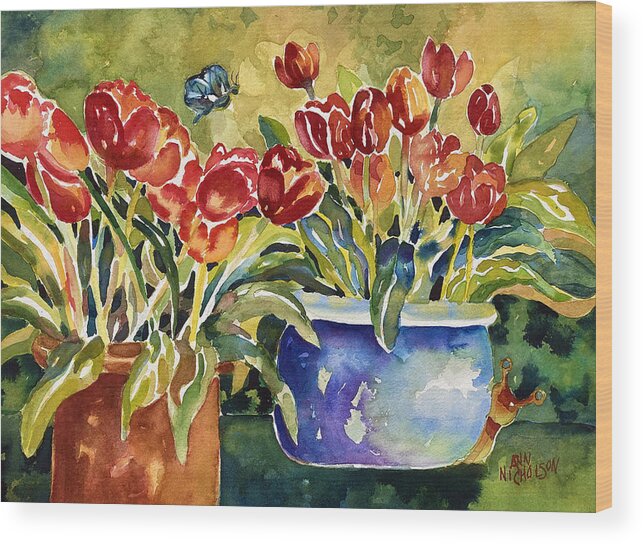 Red Tulips Wood Print featuring the painting Tulips in Pots by Ann Nicholson