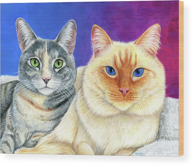 Cat Wood Print featuring the painting Two Cute Cats by Rebecca Wang