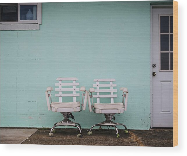 Fishing Wood Print featuring the photograph Two White Chairs by Steve Stanger