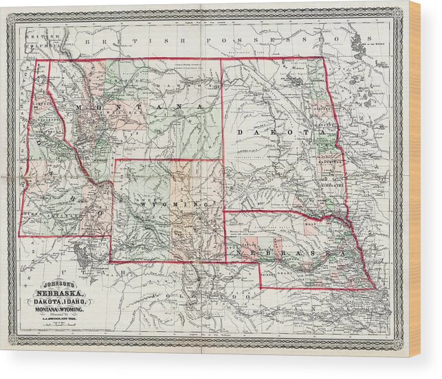 Nebraska Wood Print featuring the photograph Vintage Map Nebraska Dakota Idaho Montana and Wyoming 1865 by Carol Japp