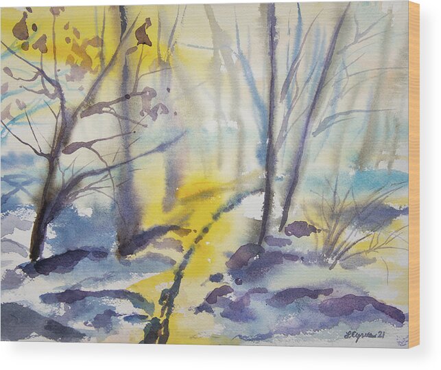 Winter Wood Print featuring the painting Watercolor- Winter Forest Walk in Impressionistic Style by Cascade Colors