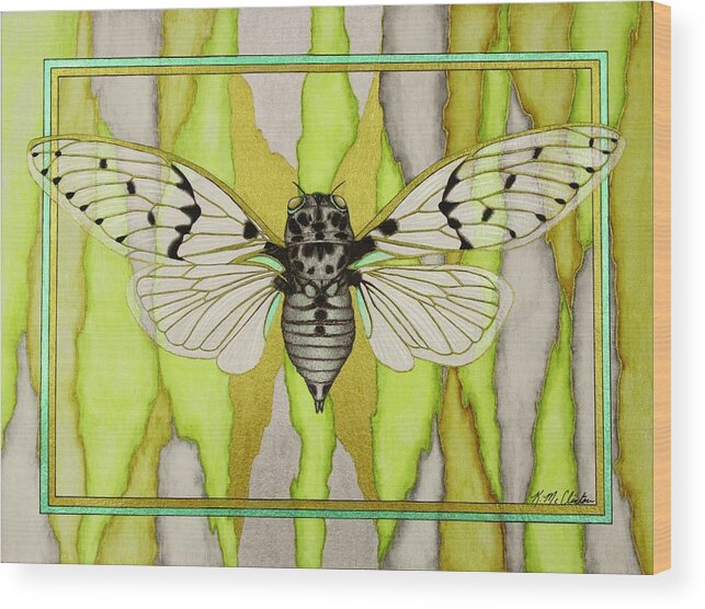 Kim Mcclinton Wood Print featuring the mixed media White Ghost Cicada by Kim McClinton