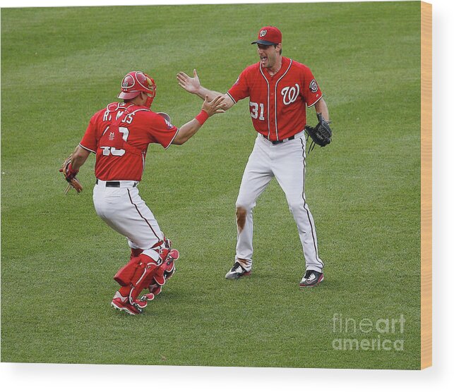 Baseball Catcher Wood Print featuring the photograph Wilson Ramos and Max Scherzer by Rob Carr