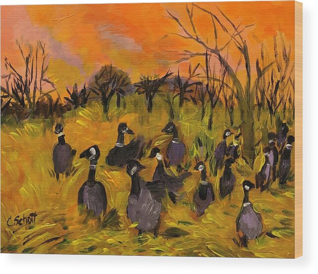 Winter Sky Dusk Geese Bucks County Orange Sky Trees Cornfield Wood Print featuring the painting Winter Geese At Dusk by Christina Schott
