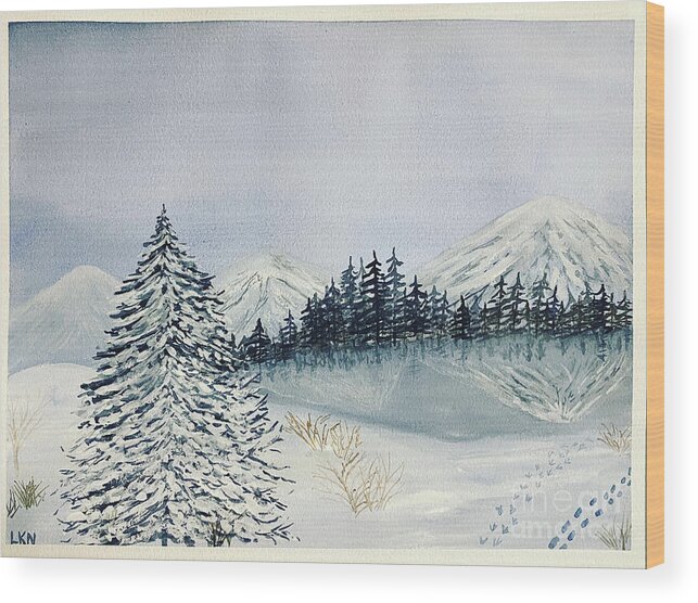 Winter Wood Print featuring the painting Winter Tree and Mountains by Lisa Neuman