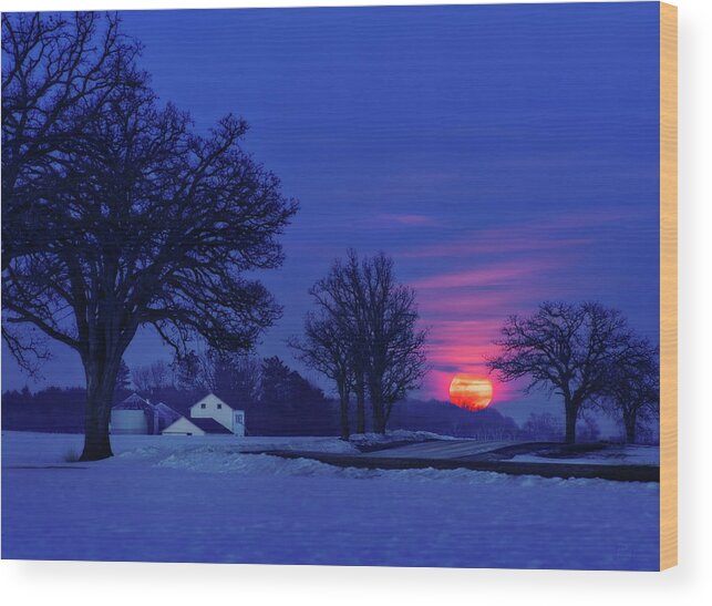 Moonrise Wood Print featuring the photograph Wisconsin Snow Moon - Winter moonrise over farm by Peter Herman