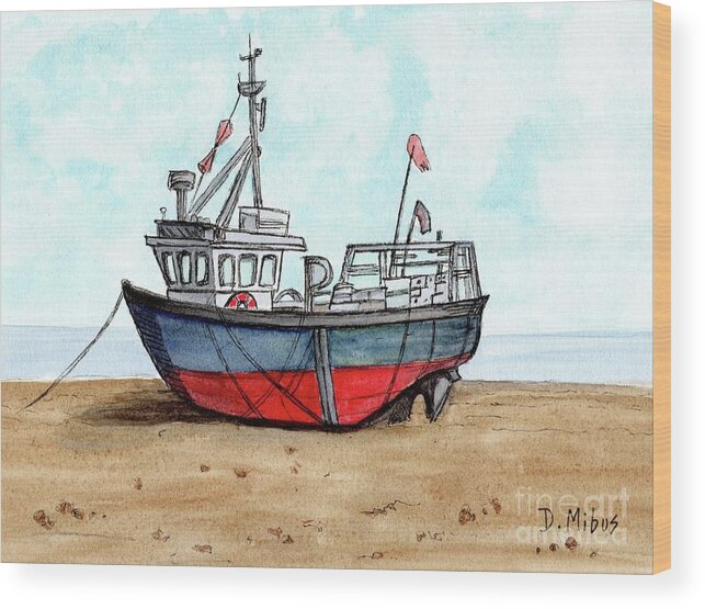 Colorful Wooden Fishing Boat Wood Print featuring the painting Wooden Fishing Boat on the Beach by Donna Mibus