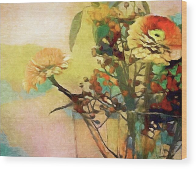 Zinnia Wood Print featuring the painting Zinnias from the Garden by Susan Maxwell Schmidt