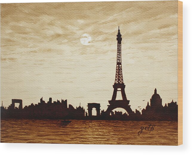 Paris Wood Print featuring the painting Paris Under Moonlight Silhouette France by Georgeta Blanaru