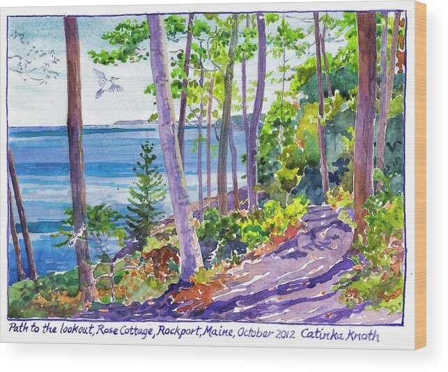 Fall Wood Print featuring the painting Path through fall woods to lookout above rocky coast of Rockport Maine by Catinka Knoth