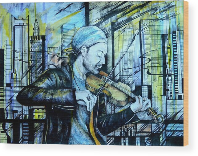 Portrait Wood Print featuring the drawing The Rock Symphony. David Garrett by Anna Duyunova