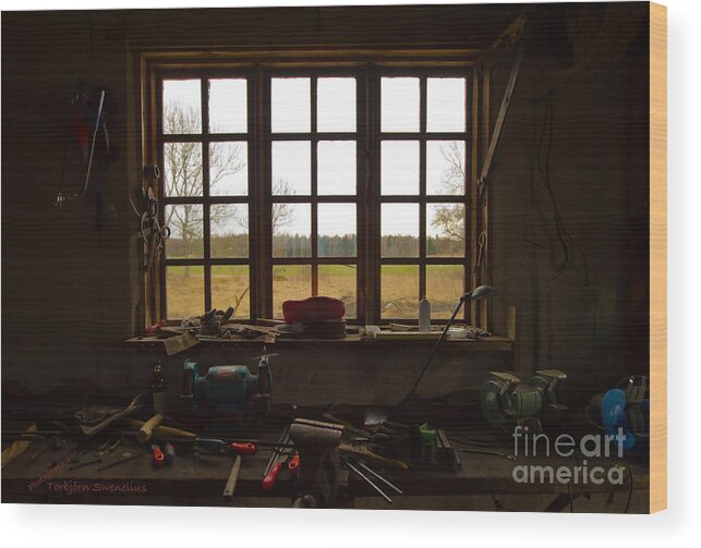 Blacksmiths Window. Blacksmith Tools Wood Print featuring the photograph Blacksmiths Window by Torbjorn Swenelius